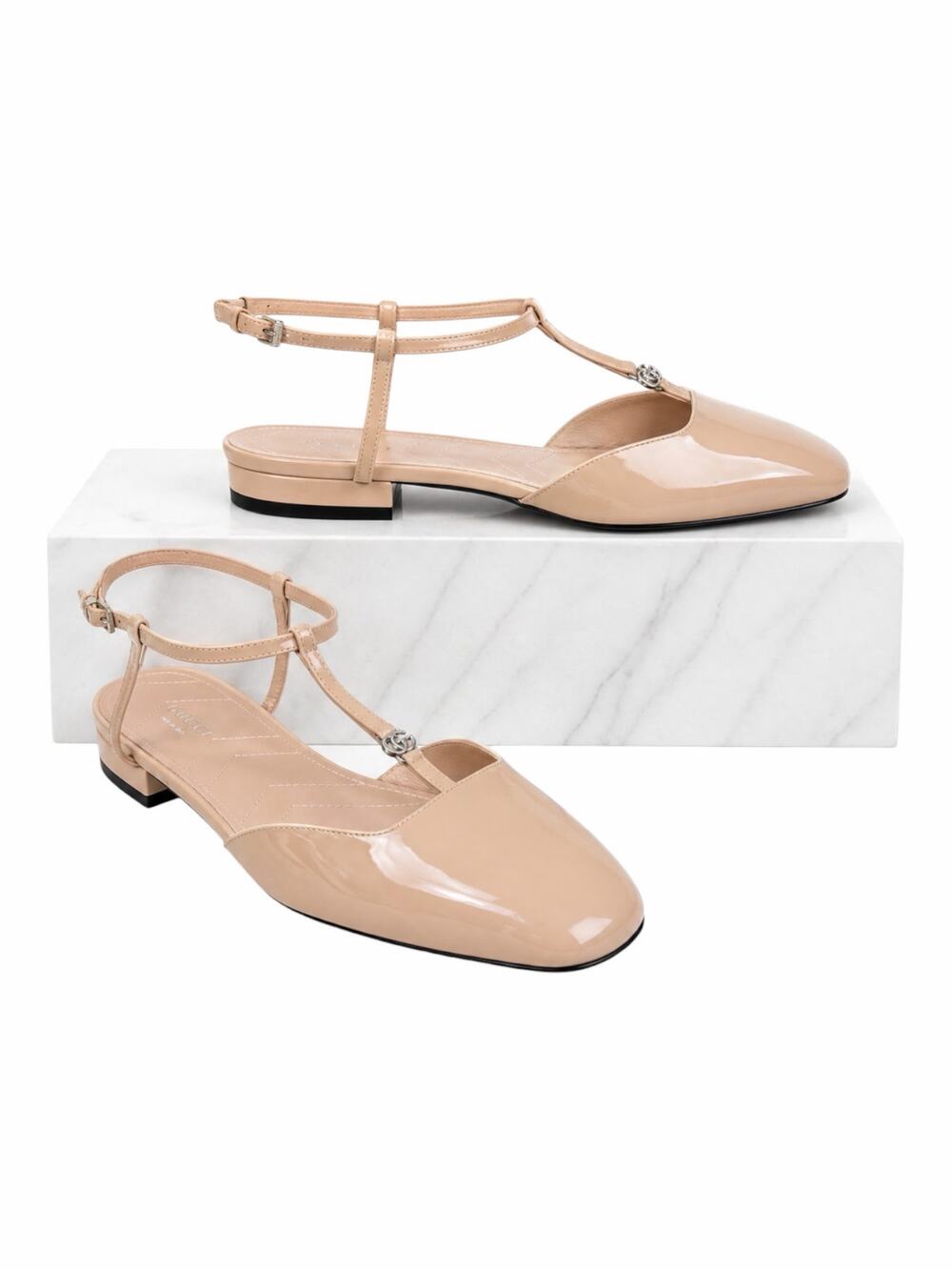 Gucci Double GG T Strap Patent Leather Ballet Flat Skin Rose Size 39.5